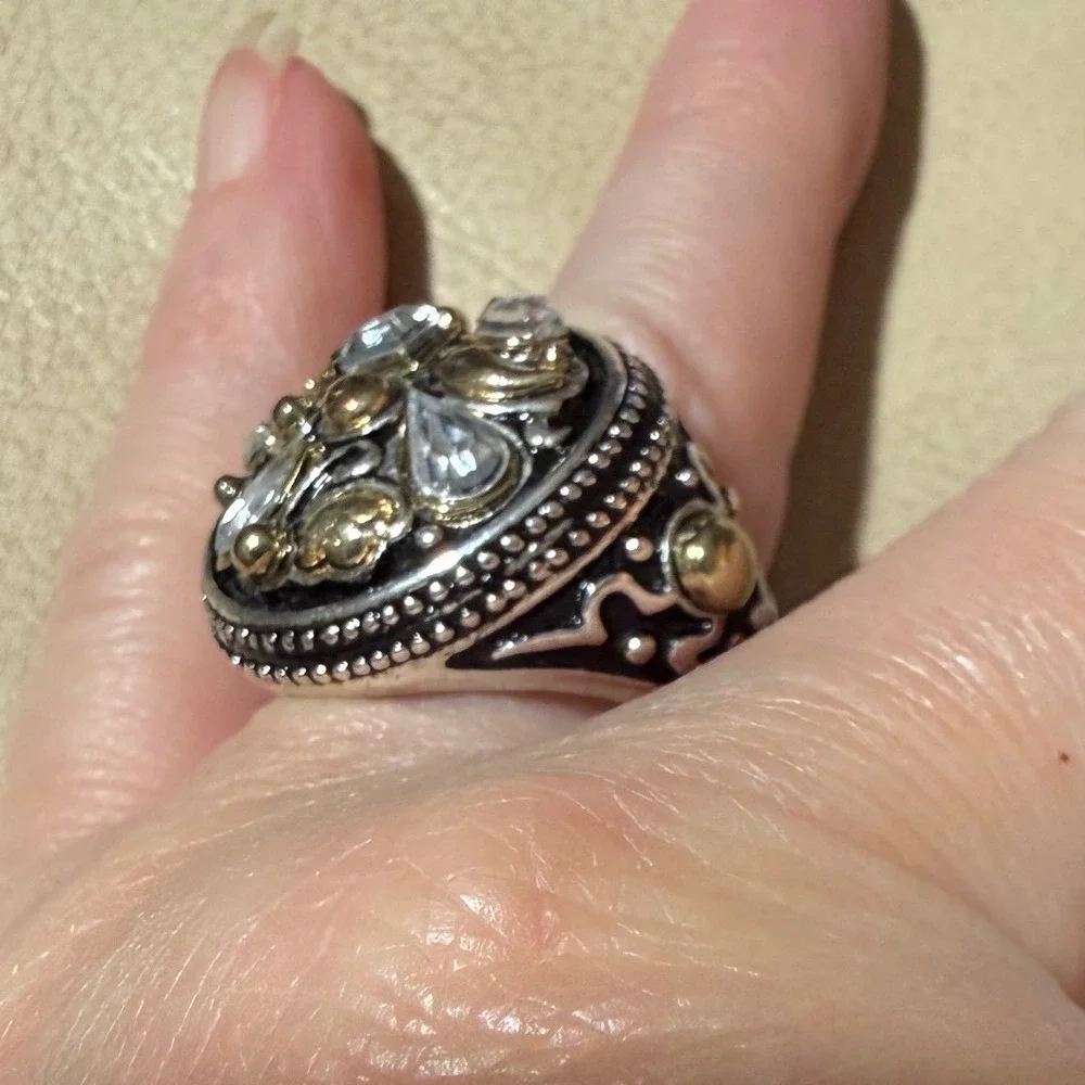 Statement Ring Multi Gemstone Gold and Silver Tone Mixed Metal Adjustable Band - Picture 4 of 12